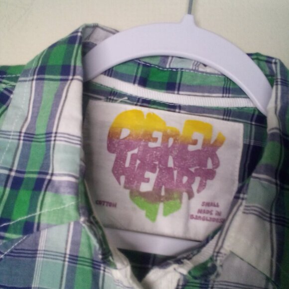 Derek Heart Button Front Shirt Women S Long Sleeve Roll Tab Pockets Plaid Green - Picture 10 of 14